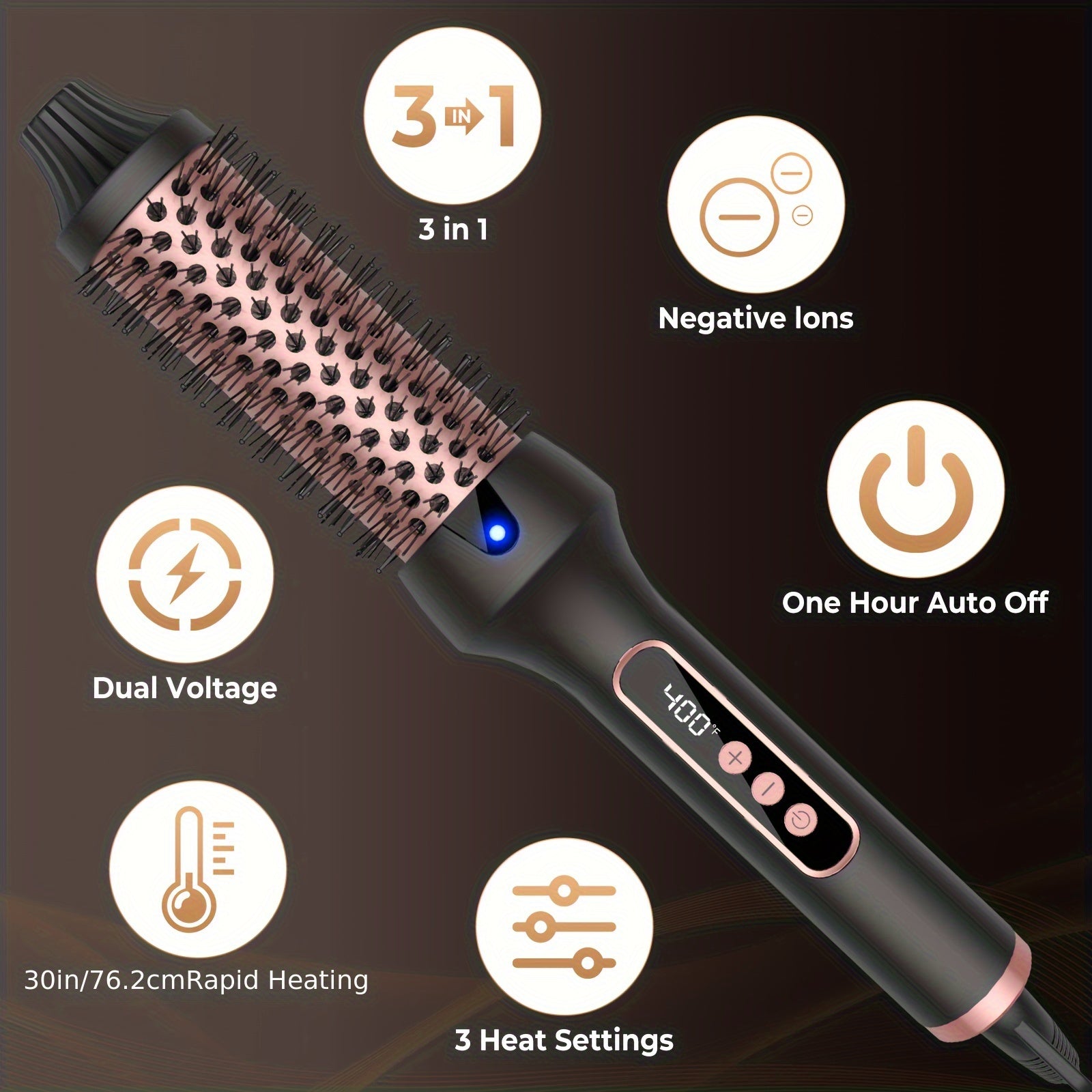 Ceramic Heated Curling Brush – Fast Styling for Dry Hair 3 in 1